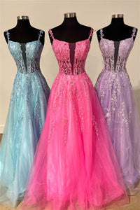 Hot Pink Floral Straps Appliques A-line Long Prom Dress