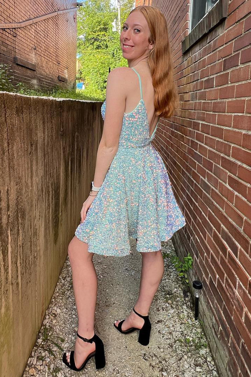 Light Blue Sequins V Neck A-line Homecoming Dress