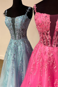 Light Blue Floral Straps Appliques A-line Long Prom Dress