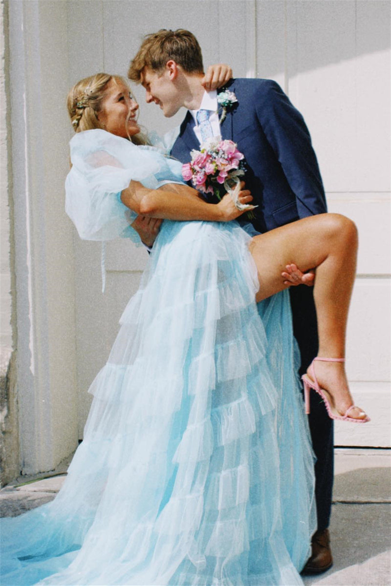 Pink Tow-Piece Bow Tie Multi-Layers Tulle Long Prom Dress with Slit