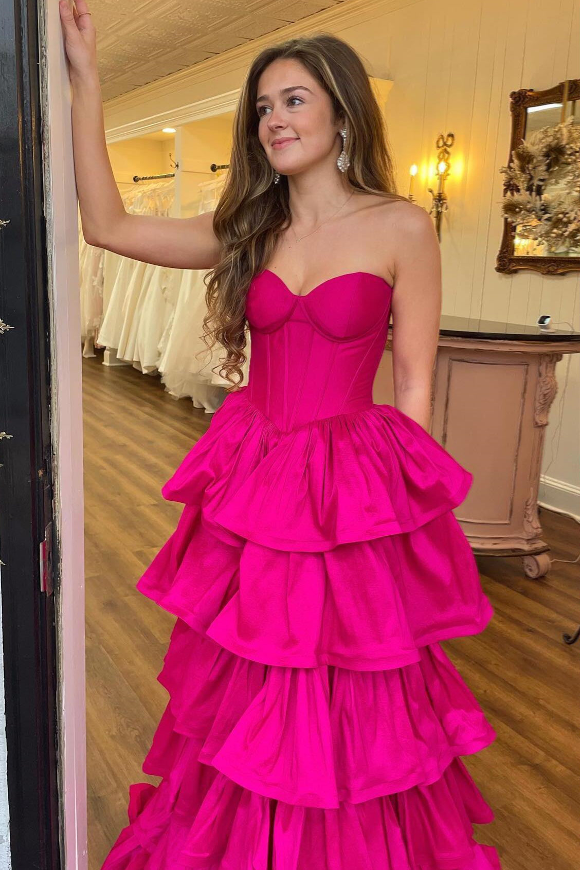 Fuchsia Strapless Layers A-line Long Prom Dress