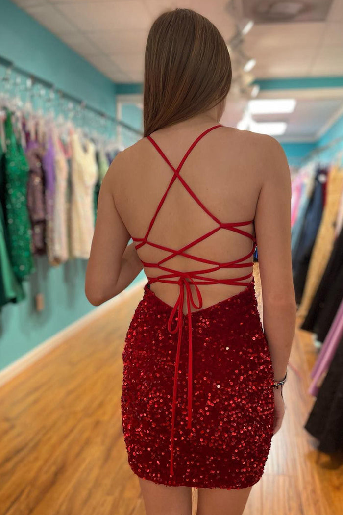 Red Tight Sequins Lace-Up Sheath Homecoming Dress
