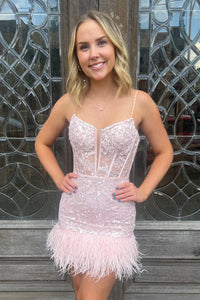 Pink Sequined Appliques Sheath Straps Homecoming Dress with Feathers