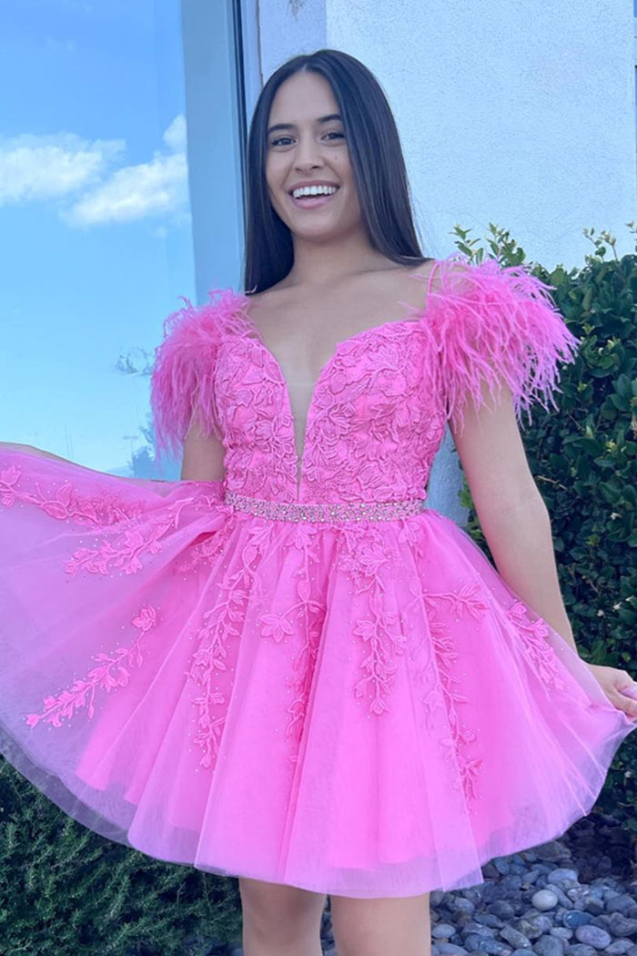 Pink Plunging Off-the-Shoulder Appliques A-line Beaded Homecoming Dress