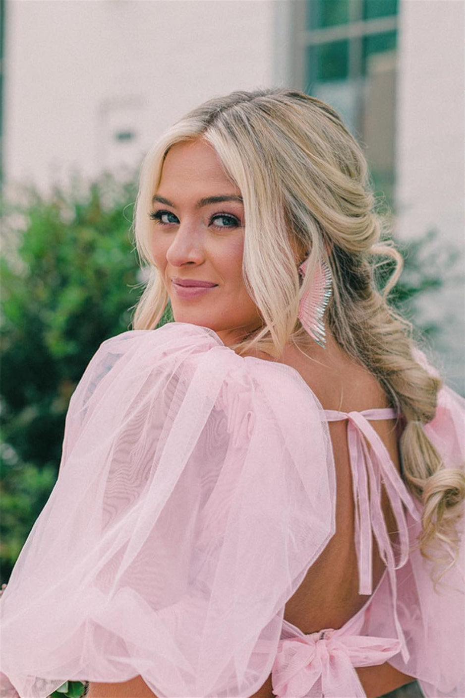 Pink Tow-Piece Bow Tie Multi-Layers Tulle Long Prom Dress with Slit