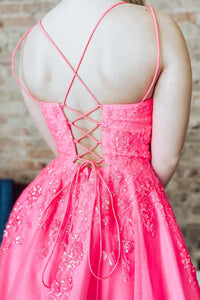 Hot Pink Deep V Neck Lace-Up Appliques A-line Homecoming Dress