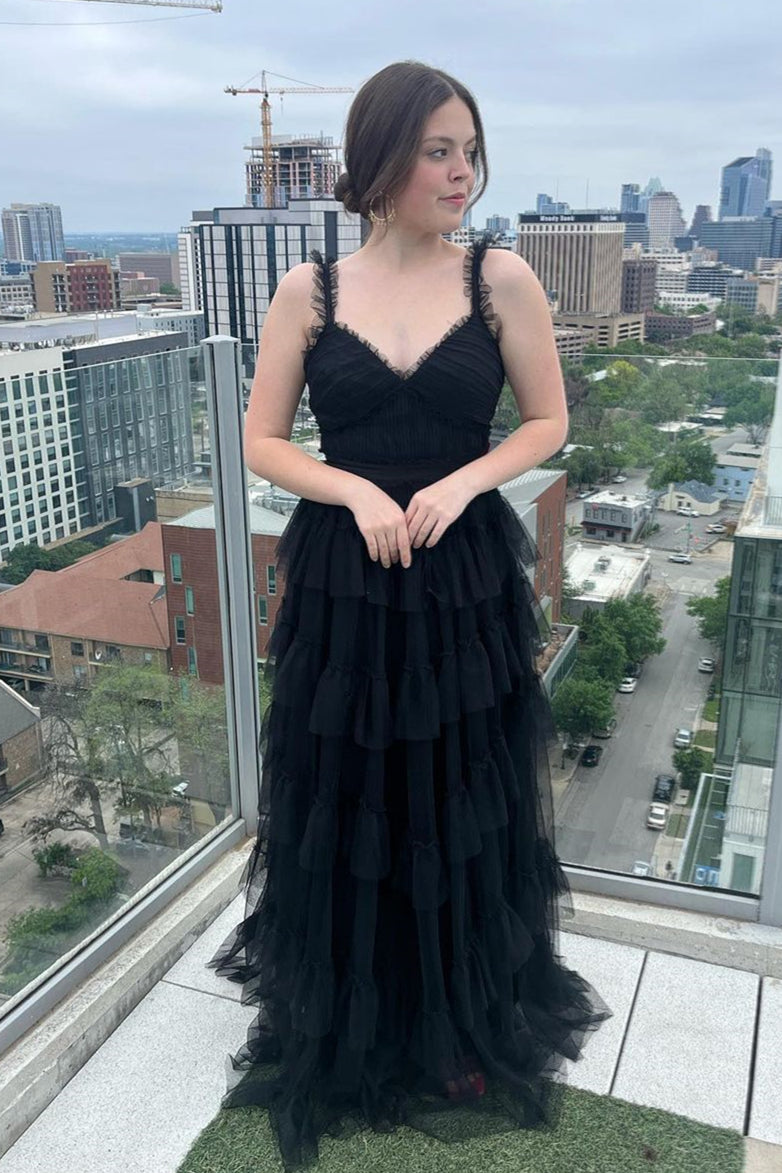Black Ruffle Straps Tulle Multi-Layers V Neck Long Prom Dress
