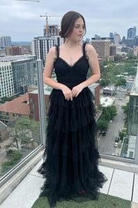 Black Ruffle Straps Tulle Multi-Layers V Neck Long Prom Dress
