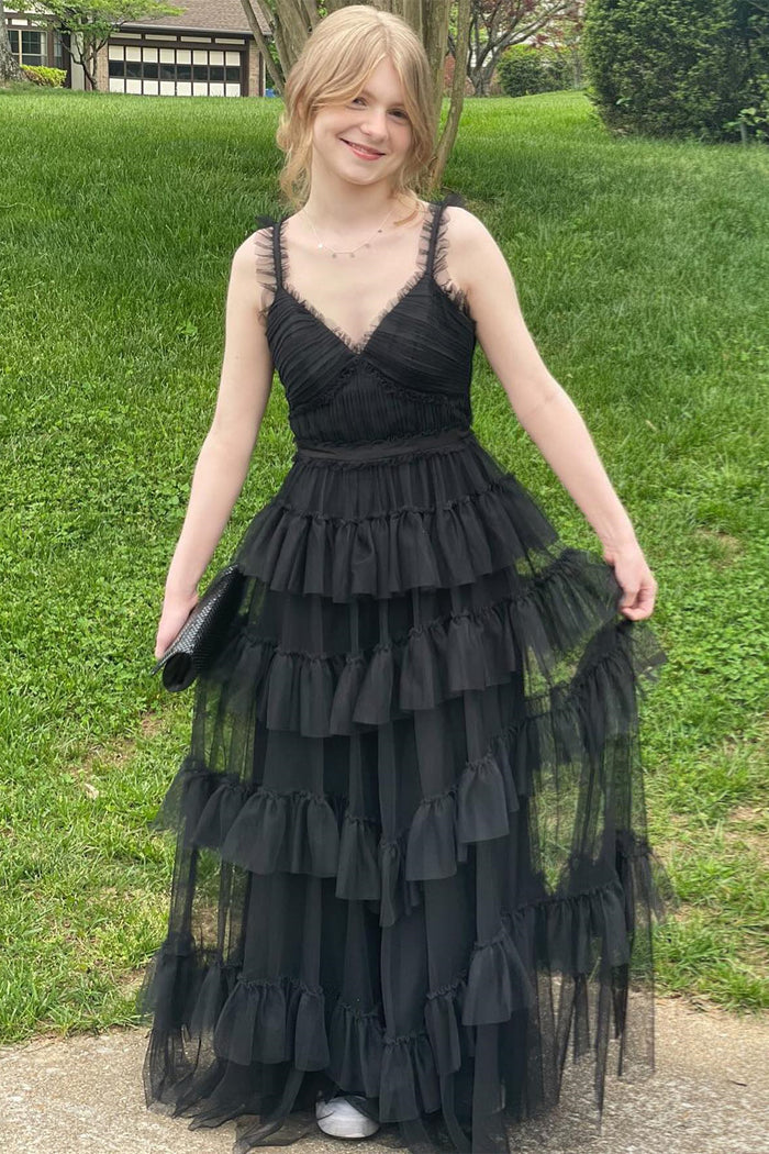 Black Ruffle Straps Tulle Multi-Layers V Neck Long Prom Dress