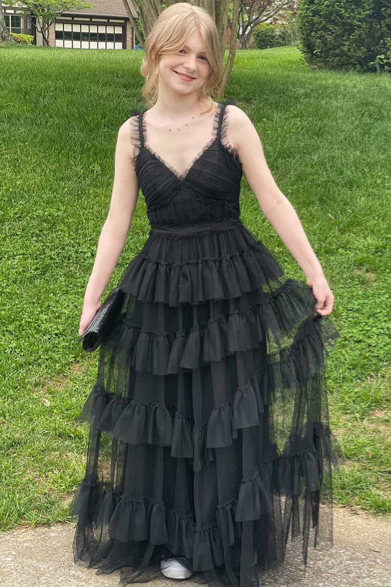 Black Ruffle Straps Tulle Multi-Layers V Neck Long Prom Dress