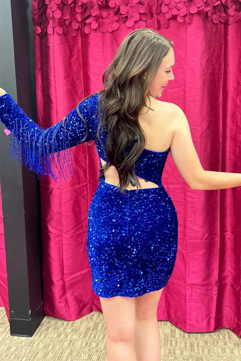Royal Blue One Shoulder Long Sleeve Sequins Sheath Homecoming Dress with Tassels