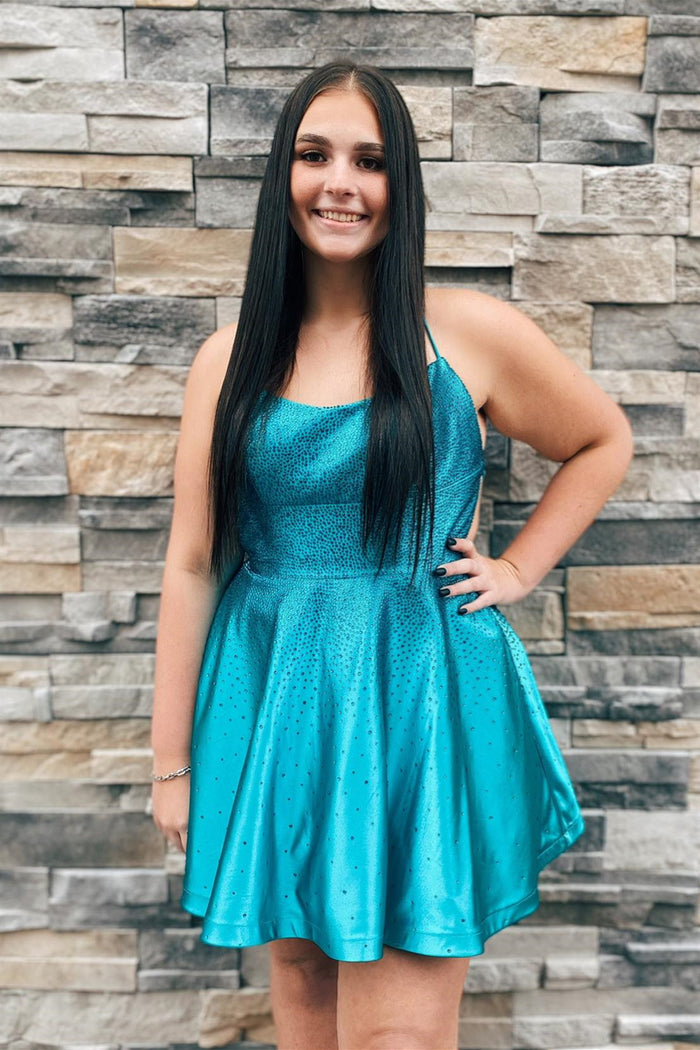 Blue Beaded Straps A-line Homecoming Dress