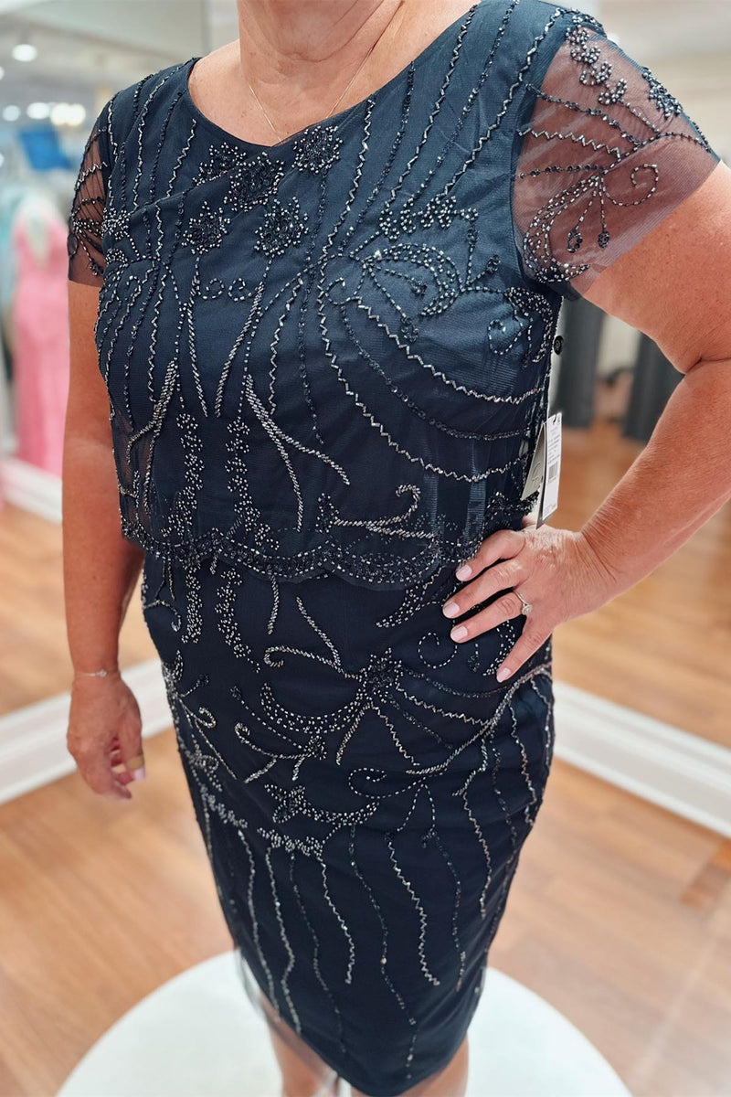 Black Beaded-Embroidered Sheath Knee-Length Mother of Bride Dress