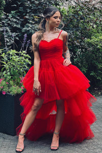 Red Straps Sweetheart Pleated Multi-Layers Hi-Low Prom Dress