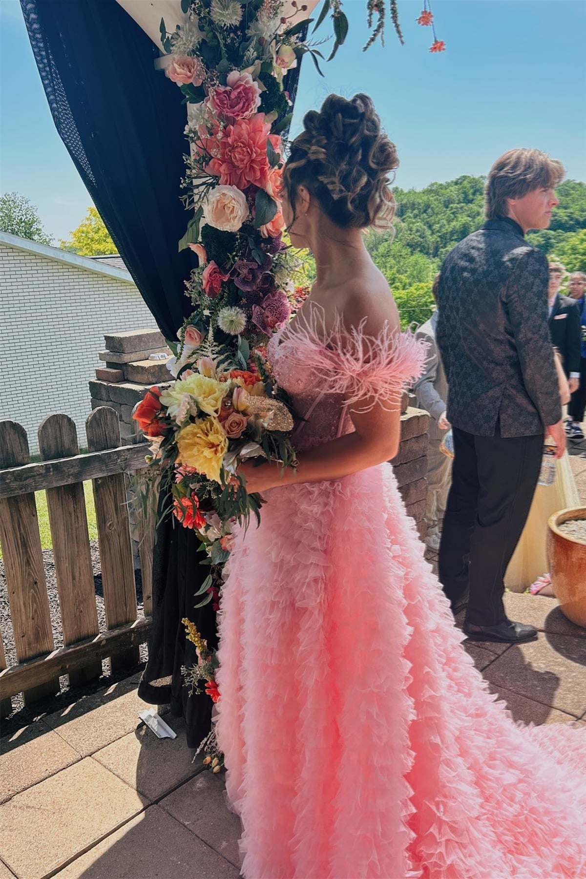 Pink Off-the-Shoulder Feathers Ruffle-Layers Beaded Long Prom Dress