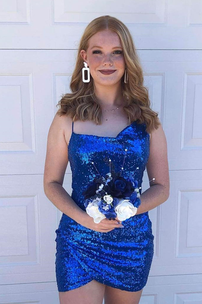Royal Blue Sequined Faux-Wrap Straps Sheath Homecoming Dress