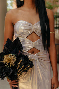 Keyholes Silver Meallic Fitted Long Prom Dress