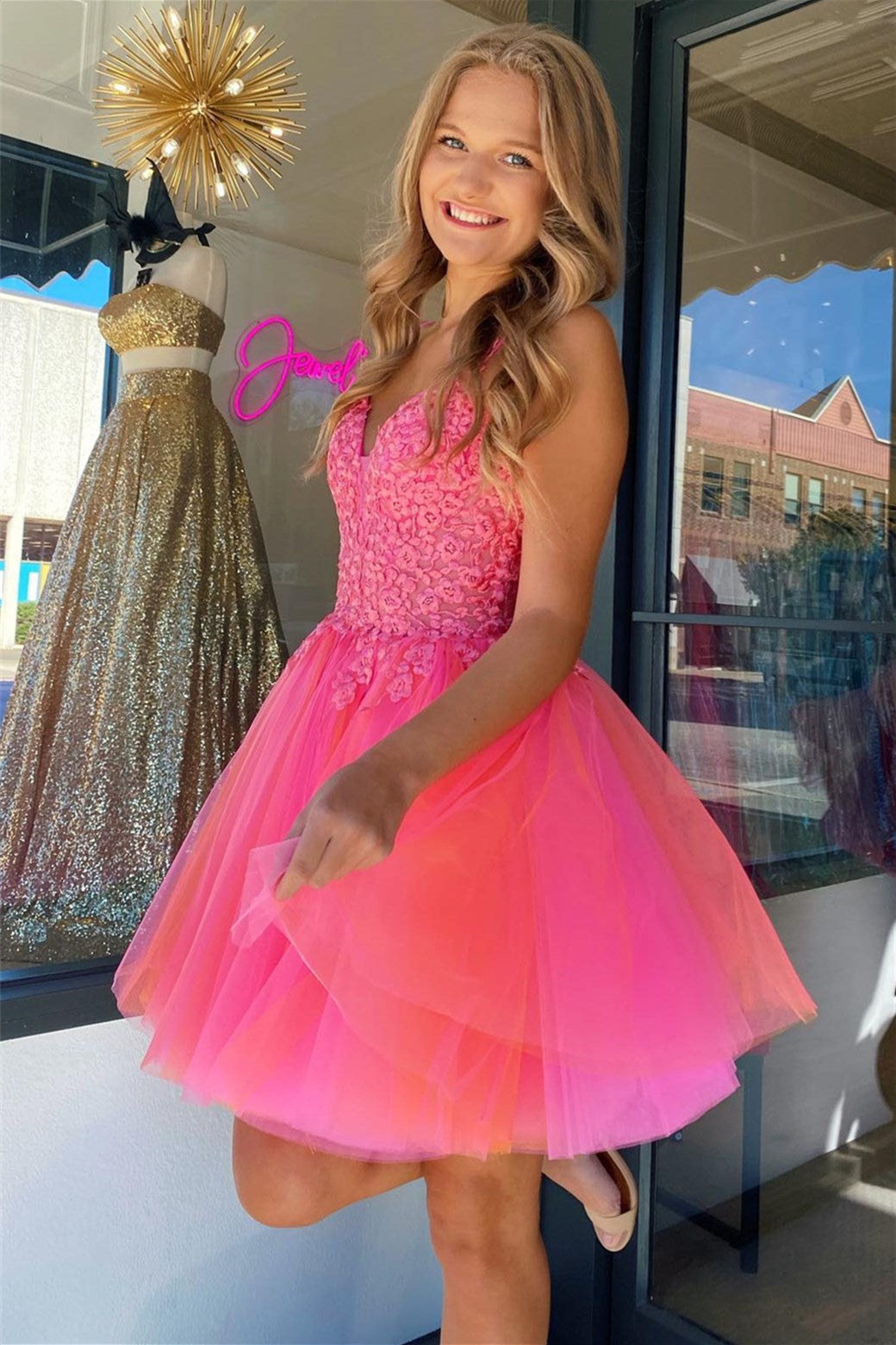 Hot Pink V Neck Straps Appliques Tulle Homecoming Dress