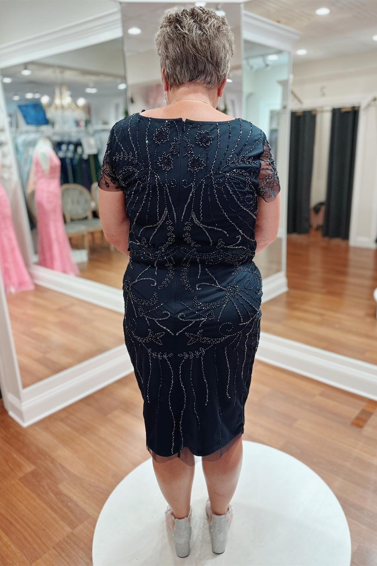 Black Beaded-Embroidered Sheath Knee-Length Mother of Bride Dress