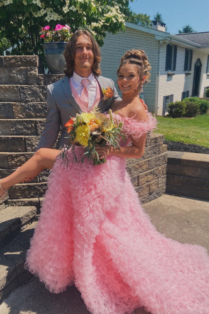 Pink Off-the-Shoulder Feathers Ruffle-Layers Beaded Long Prom Dress