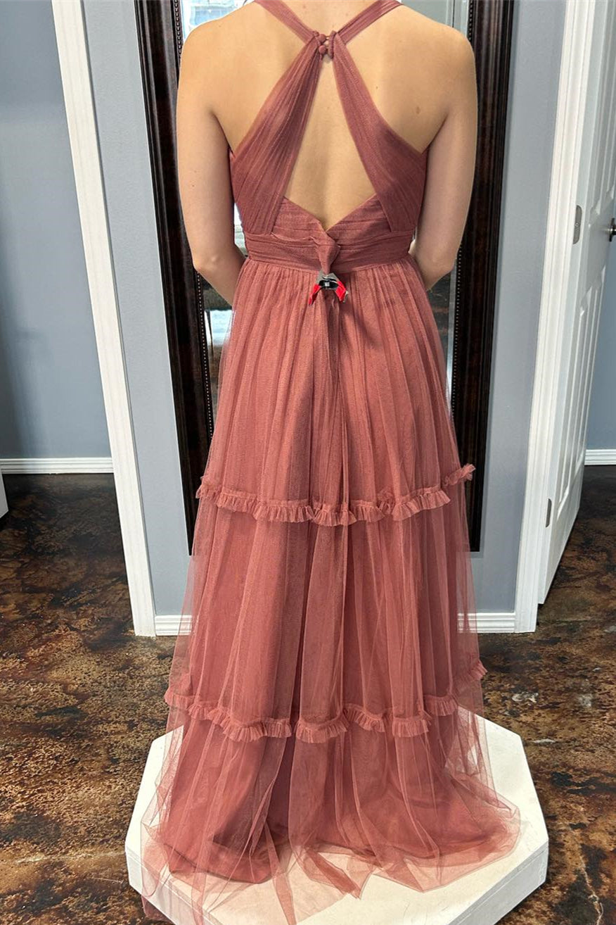 Dusty Rose Halter A-line Ruffles Tulle Long Bridesmaid Dress