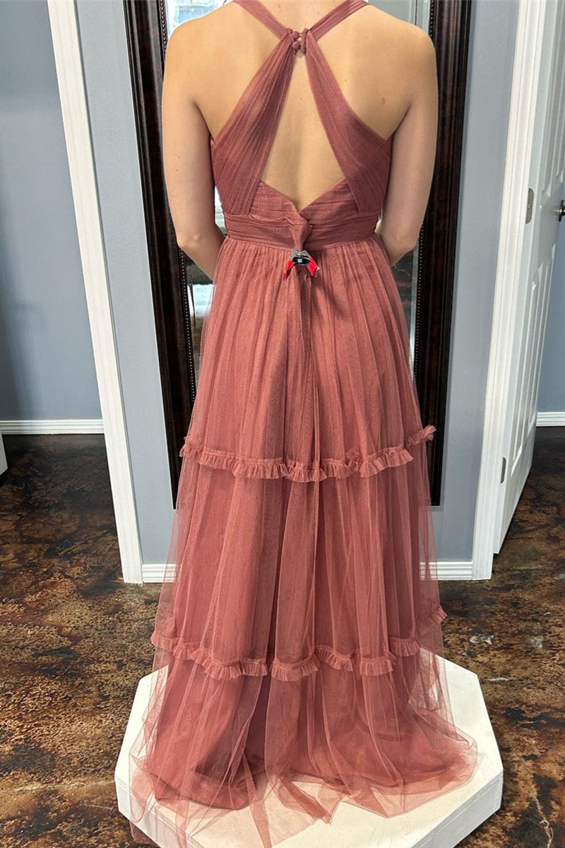 Dusty Rose Halter A-line Ruffles Tulle Long Bridesmaid Dress