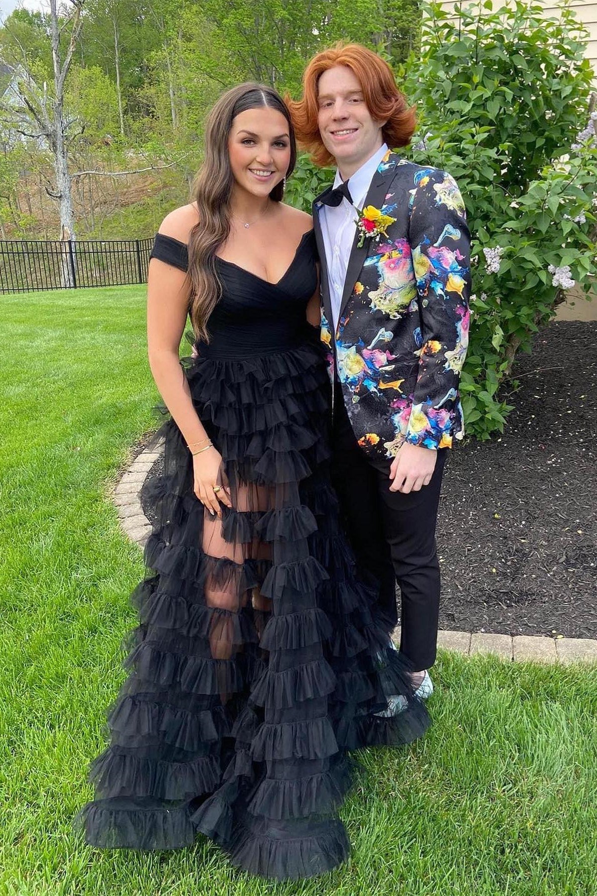 Black Deep Off-the-Shoulder A-line Multi-Layer Long Prom Dress