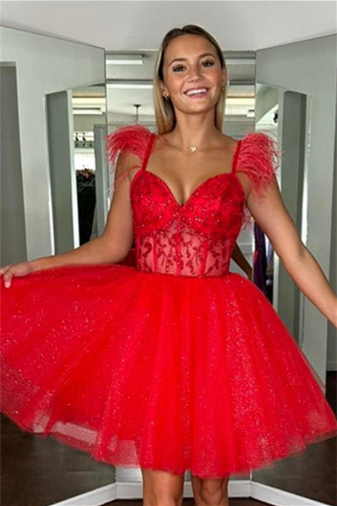 Red Feather Straps A-line Appliques Homecoming Dress