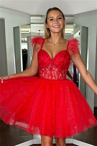 Red Feather Straps A-line Appliques Homecoming Dress