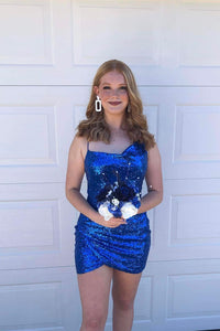 Royal Blue Sequined Faux-Wrap Straps Sheath Homecoming Dress