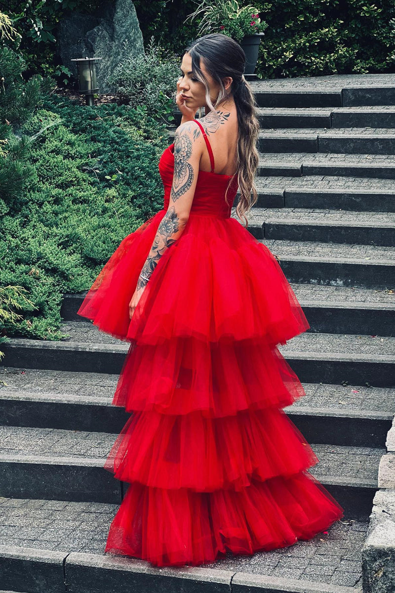 Red Straps Sweetheart Pleated Multi-Layers Hi-Low Prom Dress