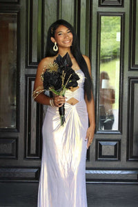 Keyholes Silver Meallic Fitted Long Prom Dress