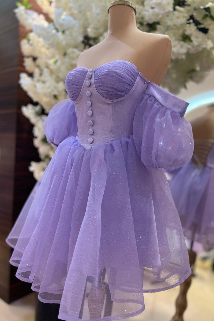 Lavender Off-the-Shoulder A-line Buttons Homecoming Dress