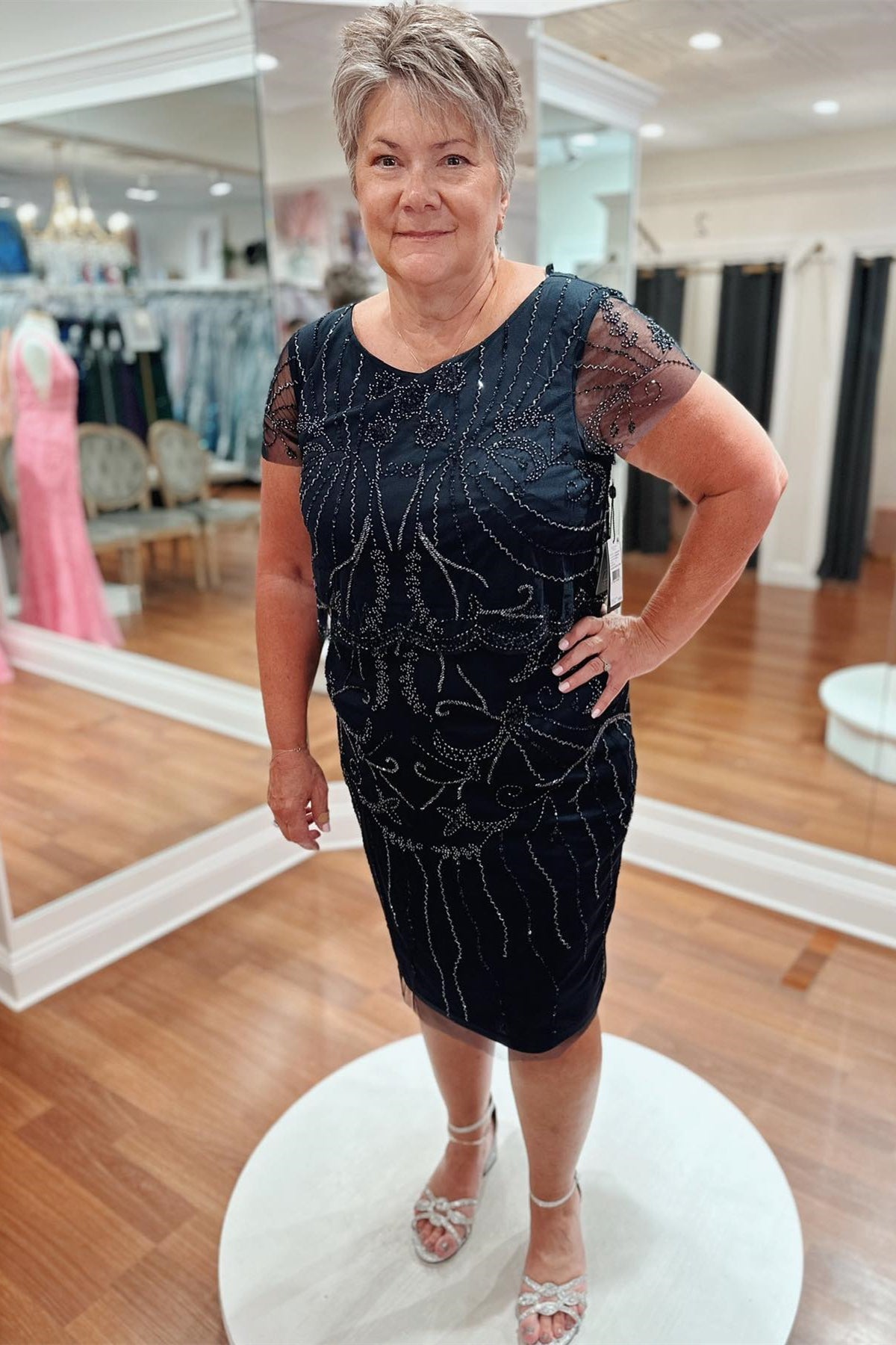 Black Beaded-Embroidered Sheath Knee-Length Mother of Bride Dress