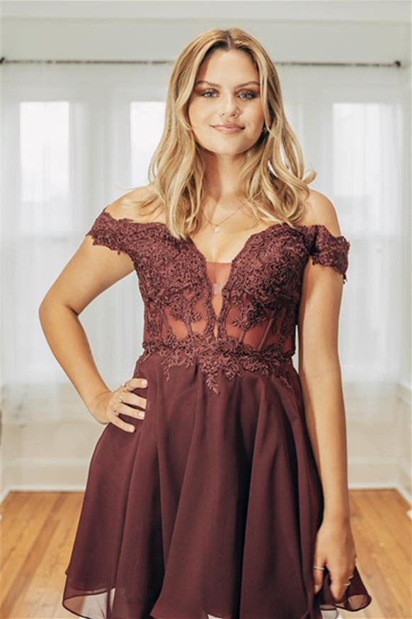 Burgundy Off-the-Shoulder Appliques Deep V Neck Homecoming Dress
