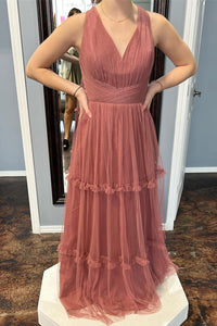 Dusty Rose Halter A-line Ruffles Tulle Long Bridesmaid Dress