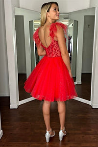 Red Feather Straps A-line Appliques Homecoming Dress