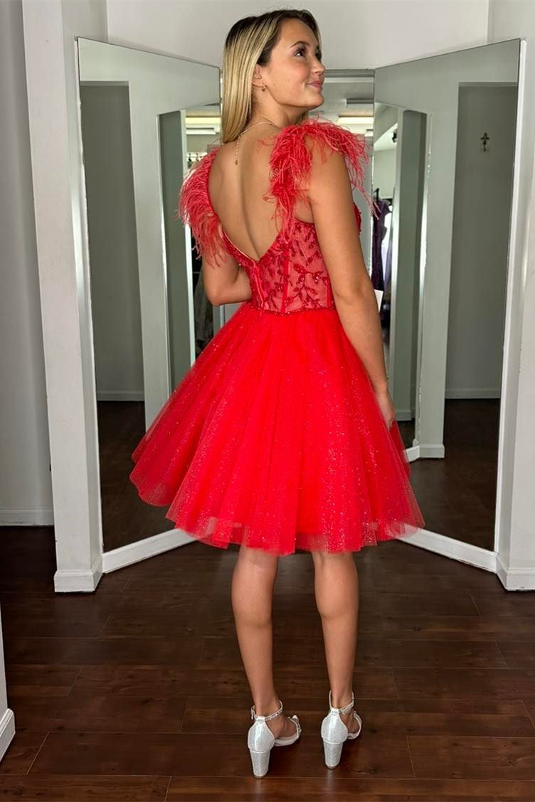 Red Feather Straps A-line Appliques Homecoming Dress