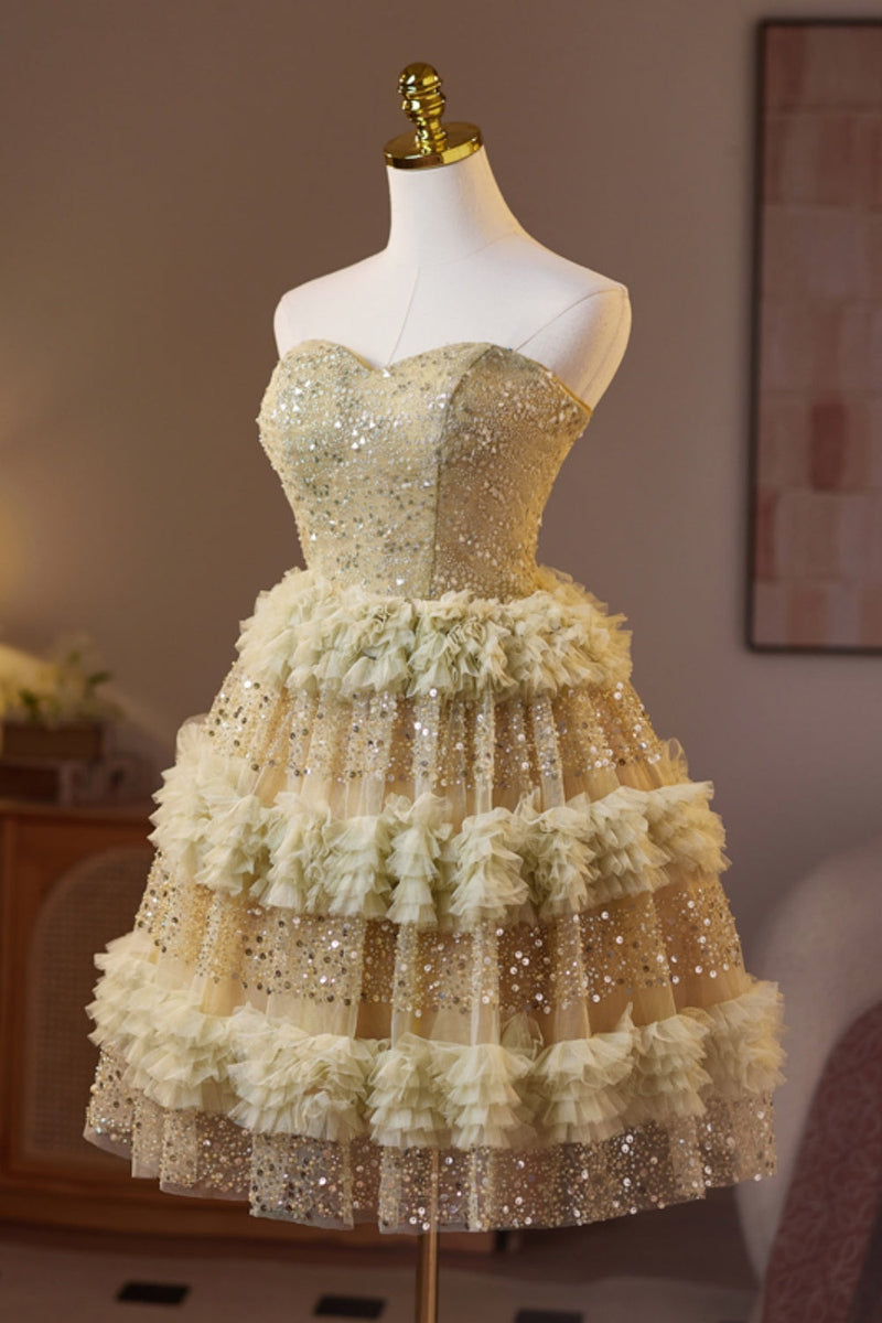 Golden Sweetheart Sequin Ruffle A-line Homecoming Dress