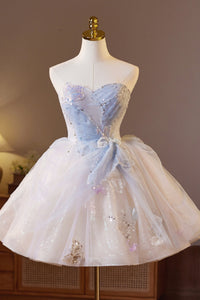 Strapless Blue Butterfly Patttern Short A-line Dress