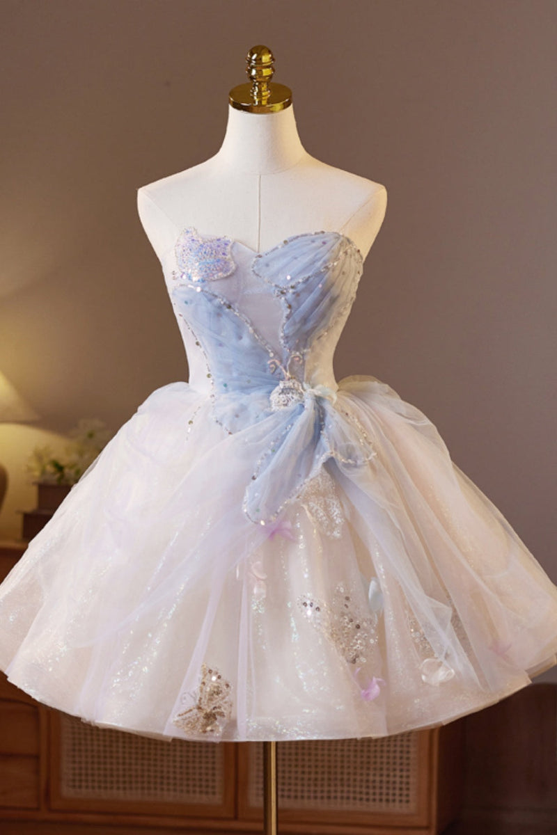 Strapless Blue Butterfly Patttern Short A-line Dress
