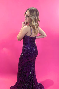 Purple Sequins Spaghetti Straps Mermaid Long Prom Dress