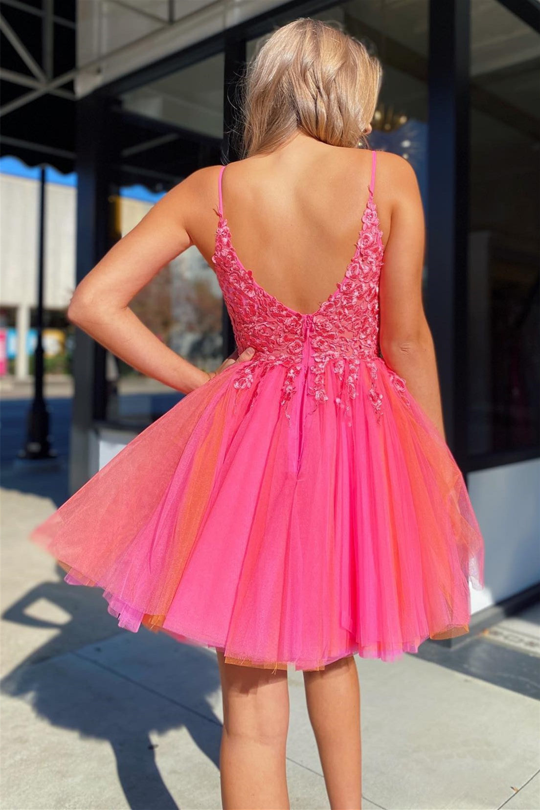 Hot Pink V Neck Straps Appliques Tulle Homecoming Dress