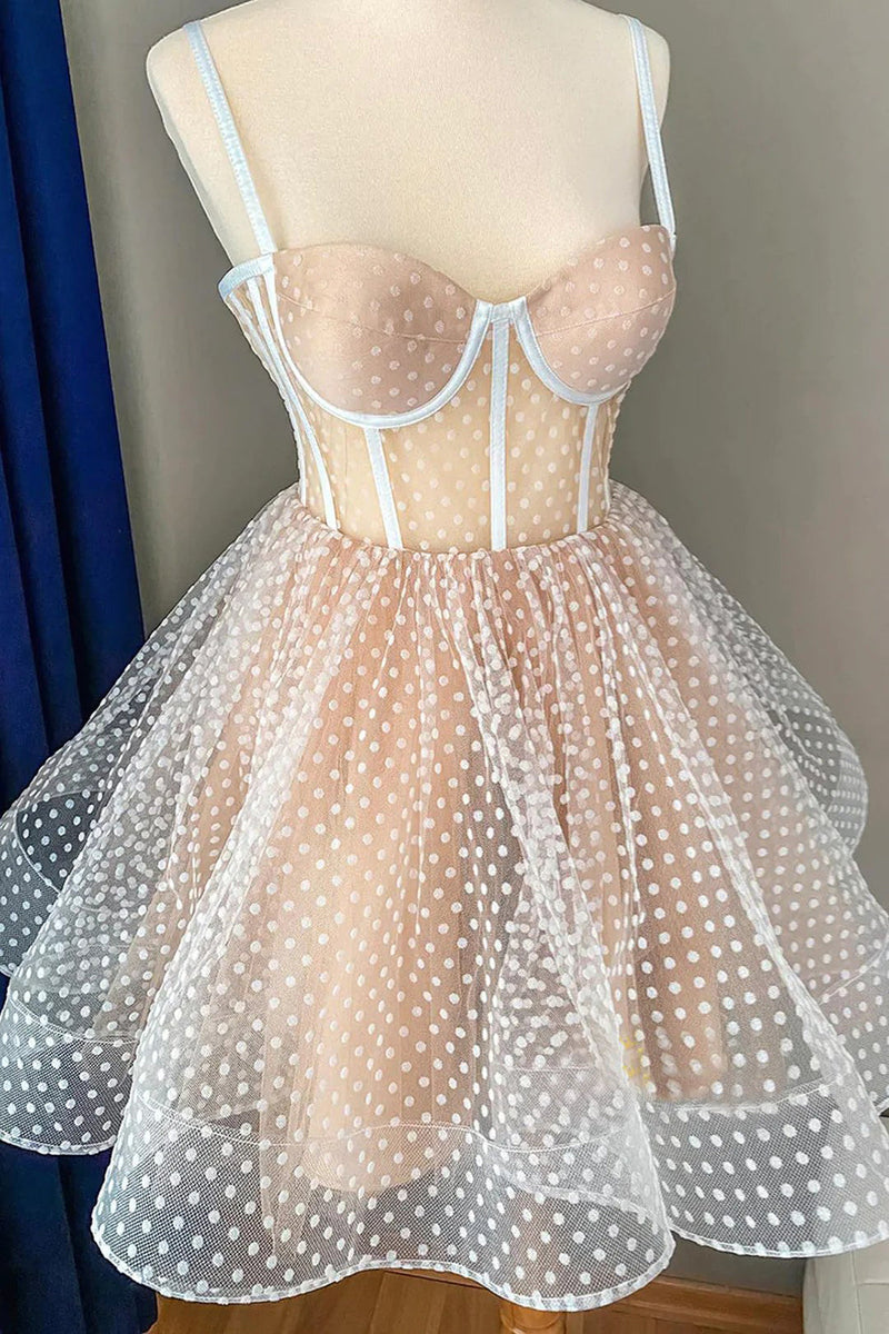Blush Pink Dots Lace-Up Straps Homecoming Dress
