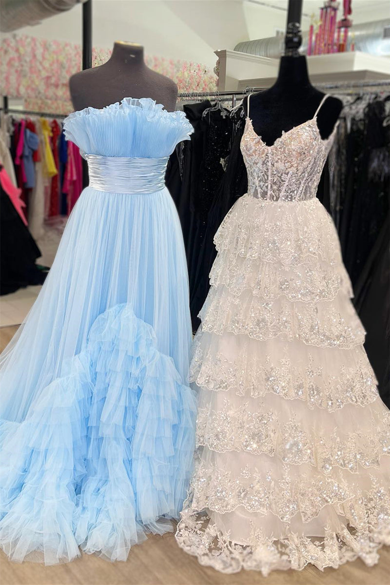 Sky Blue Strapless Ruffled Empire Tulle Long Prom Dress