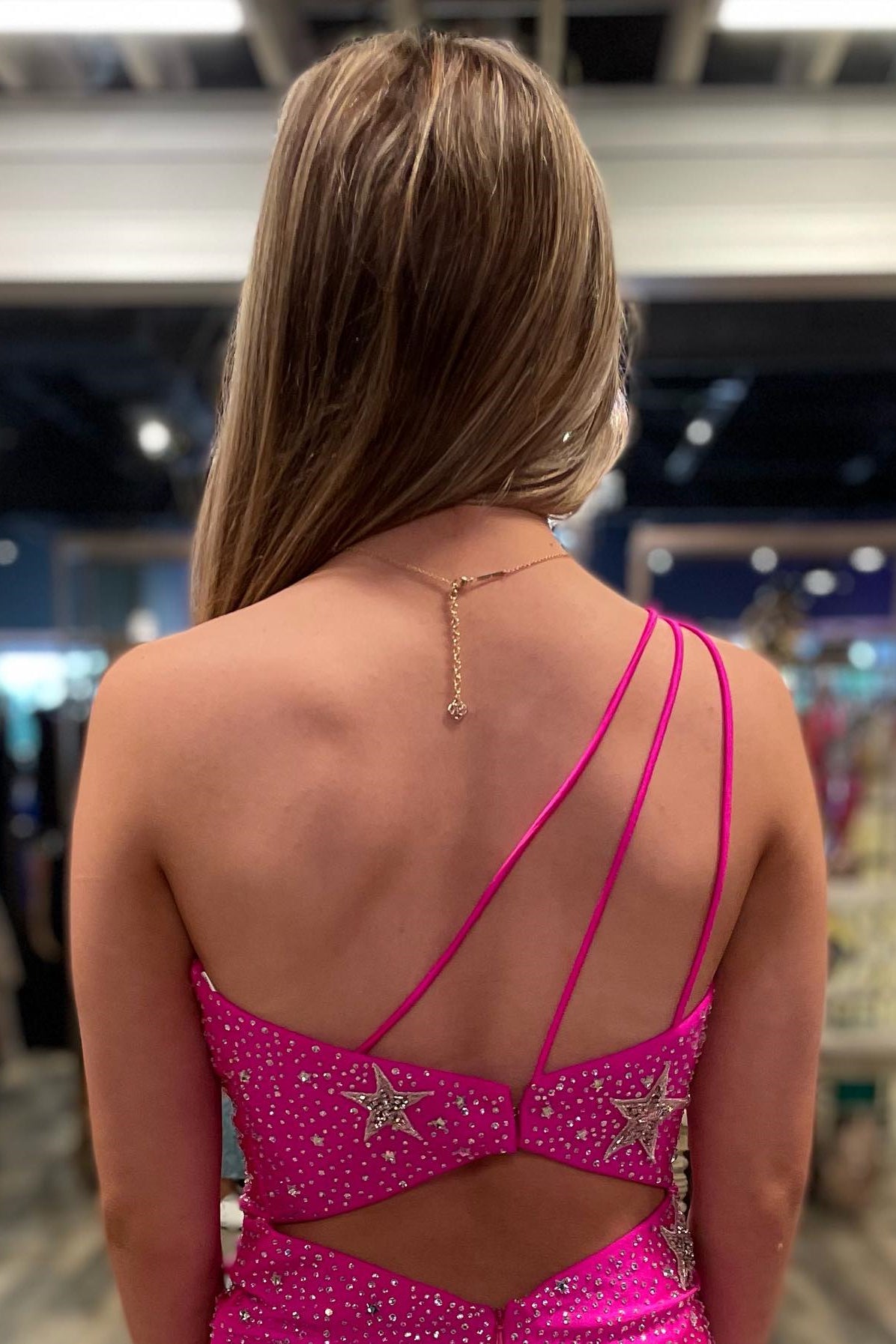 Fuchsia One Shoulder Beaded Appliques Sheath Homecoming Dress