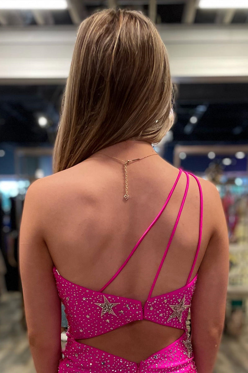 Fuchsia One Shoulder Beaded Appliques Sheath Homecoming Dress