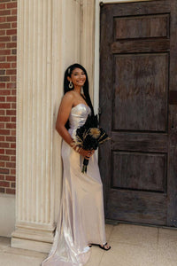 Keyholes Silver Meallic Fitted Long Prom Dress