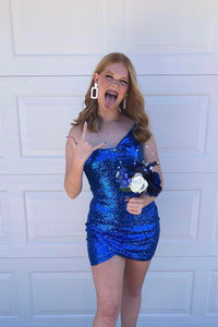 Royal Blue Sequined Faux-Wrap Straps Sheath Homecoming Dress