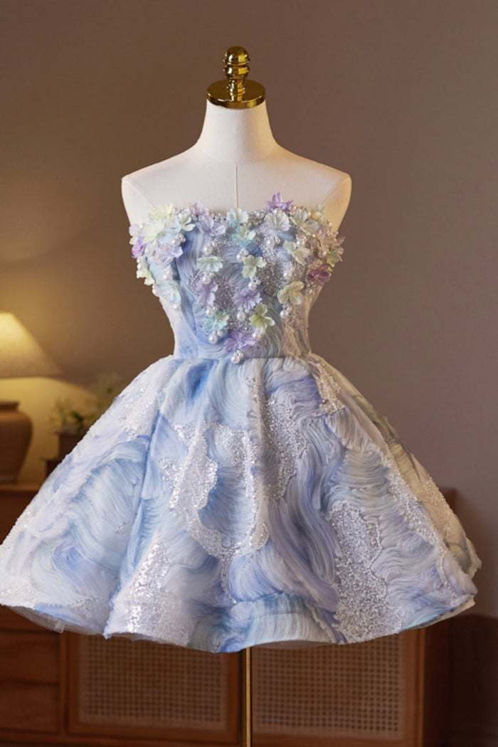 Strapless Sequin Floral Lace-up Back Homecoming Dress